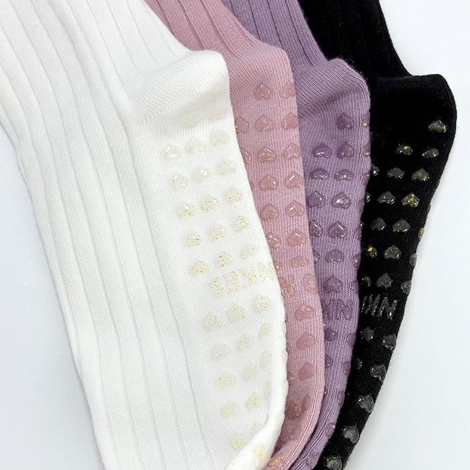 4 Pairs Cute Pilates Grip Socks for Women – Ruffle Top Non Slip Yoga Barre Crew Socks for Workout, Dance, Hospital