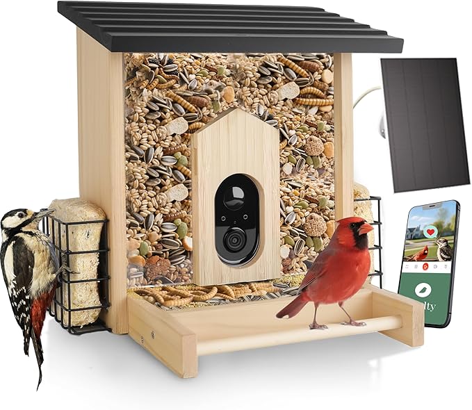Solution4Patio Wood Solar Powered Bird Feeder with Camera - AI-Powered Bird Identification with Smart Squirrel Alarm, Weatherproof Outdoor Birdfeeder with Suet Baskets for Children & Elderly