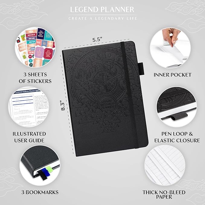 Legend Wellness Planner & Food Journal – Daily Diet & Health Journal with Weight Loss, Measurement & Exercise Trackers – Lifestyle & Nutrition Diary – Lasts 6 Months, A5 size – Black