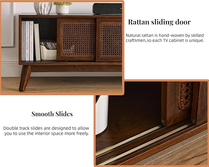 LKTART 59 inch Mid Century Modern TV Stand with Rattan Cabinet Doors, Boho Entertainment Center for 55/60/65 inch TVS, Media Console for Living Room/Bedroom, Dark Walnut