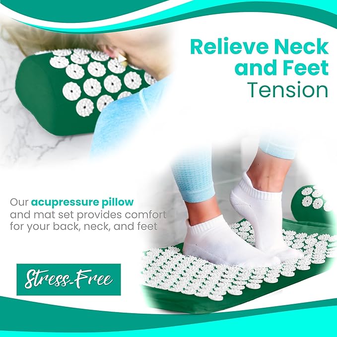 Sivan Back and Neck Pain Relief Acupressure Mat and Pillow Set, Chronic Back Pain Treatment - Relieves Your Stress of Lower Upper Back and Sciatic Pain - Green