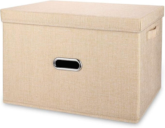 Large Linen Collapsible Storage Bins with Removable Lids and Handles, Washable Storage Box Containers Baskets Cube with Cover for Bedroom,Closet,Office,Living Room,Nursery (Khaki, Large)