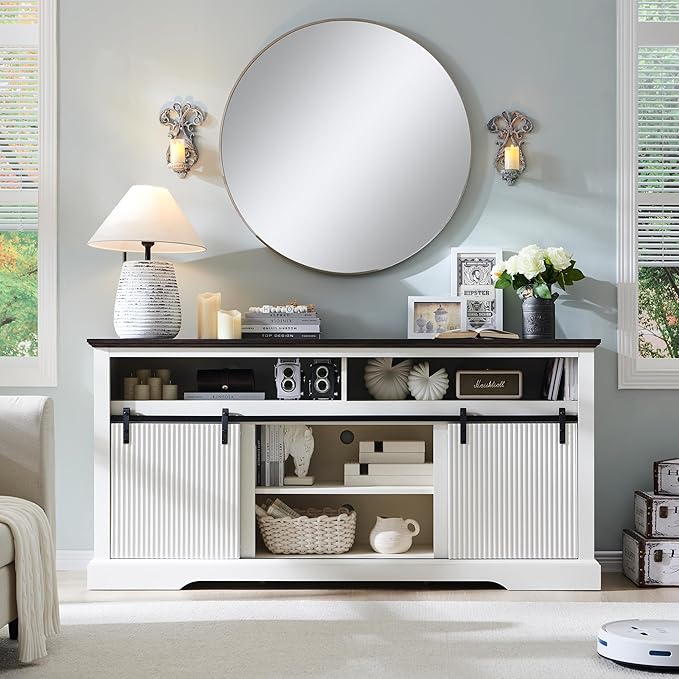 Fluted TV Stand for 75 Inch TVs, 32" Tall Modern Entertainment Center with Waveform Panel Sliding Door, Media Console Cabinet with Storage & Adjustable Shelf for Living Room, 66 inch (White)