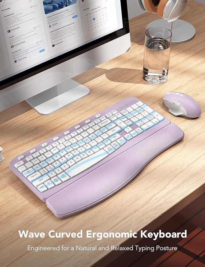 SABLUTE Wireless Keyboard and Mouse Combo, Ergonomic Wave Key, Cushioned Plam Rest, Comfortable Silent Natural Typing, 2.4G Lag-Free, Full Size Keyboards Cordless Set for Multi-OS, Windows/Mac, Purple
