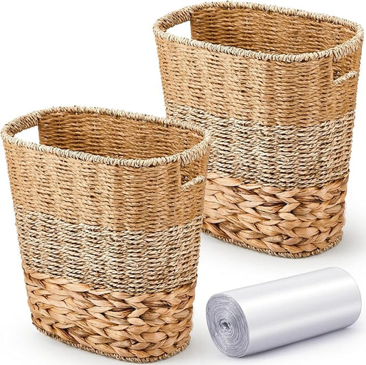 2 Pcs Wicker Trash Can with 50 Small Trash Bag Wicker Waste Woven Basket with Handles Clear Multi Use Garbage Bags for Bathroom Kitchen Bedroom