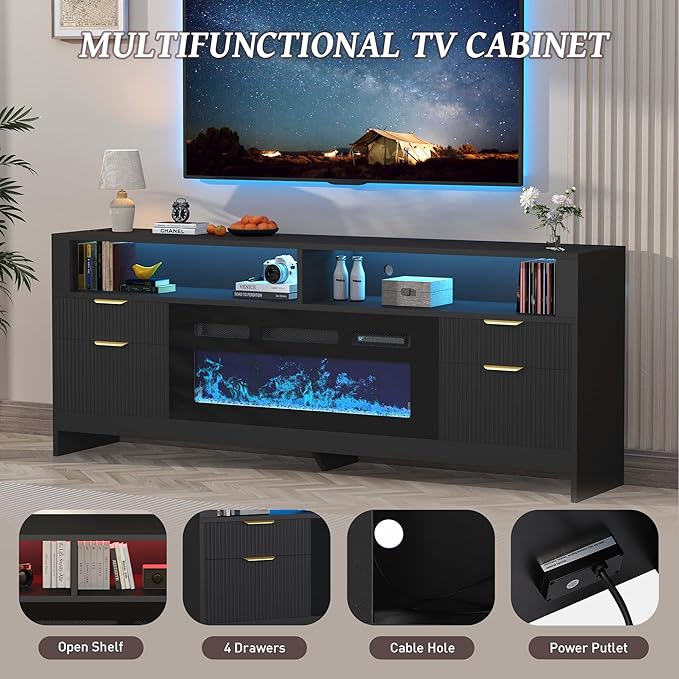 Fireplace TV Stand with 36" Fireplace Up to 80" TVs, 70" Entertainment Center with LED Lights, Storage Cabinets, Modern TV Console for Living Room,Bedroom (Black)