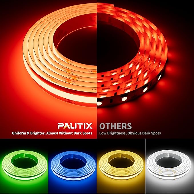 PAUTIX 5V USB COB RGB LED Strip Light 9.84ft/3m Color Changing Light Strips,TV Backlight Multicolor Flexible Under Cabinet Tape Lights with Bluetooth Control for Bedroom,Kitchen,Home DIY Lighting
