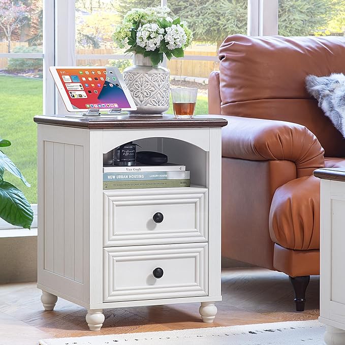 18" Farmhouse Night Stands Set of 2 with Charging Station, Wooden Nightstand with 2 Drawers, Bedside End Table with Storage, Bed Side Tables Cabinet for Bedroom, Living Room, and Closet(White)