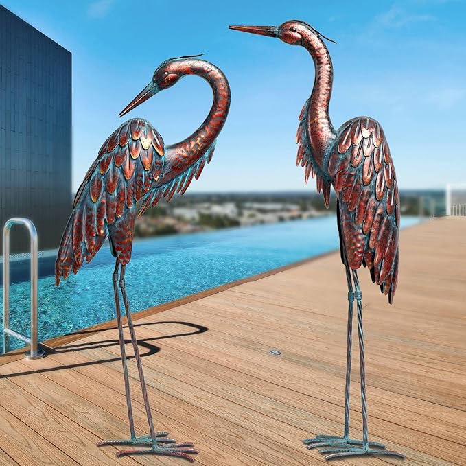 Kircust Metal Crane Statues - Set of 2 Bronze Heron Sculptures for Garden, Patio, or Yard Decor - 27.56" Tall Weatherproof Outdoor Art