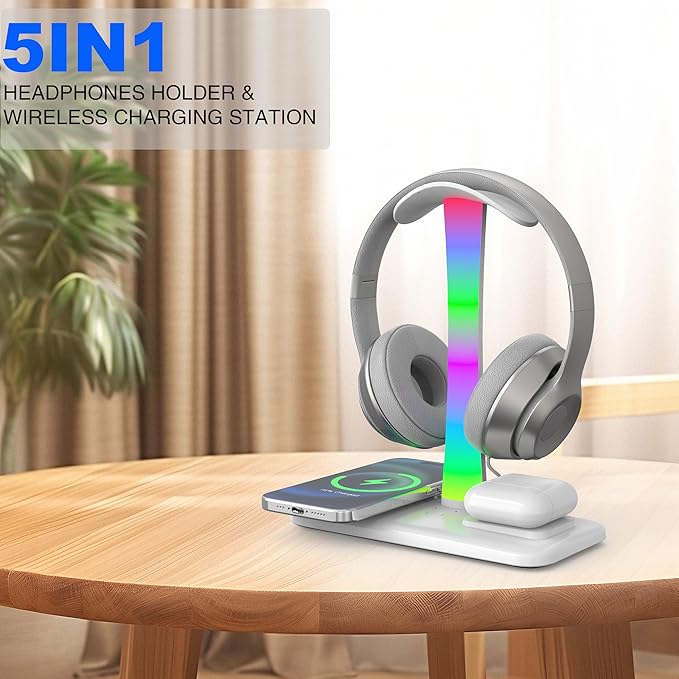 5 in 1 Headphone Stand with 15w Wireless Charger, Fast Wireless Charging Station Headset Holder for iPhone 15/14/13/12/11/XS/XR/X, Air Pods 3/2/Pro/2, Desk Gaming Headset Holder (White with Light)