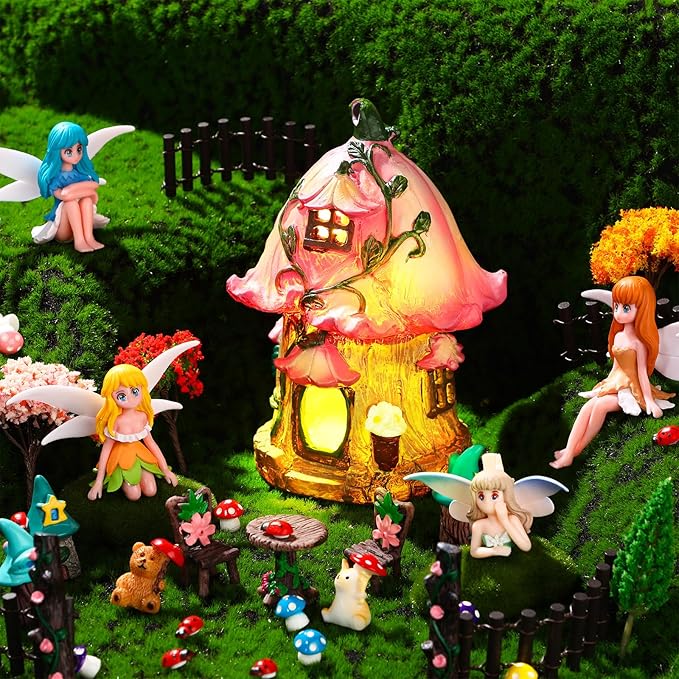 Gerrii 54 Pcs Fairy Accessories Outdoor Garden Kit Solar Fairy House Statues Decor Resin Fairy Figurines Mushroom Ornament Miniature Garden for DIY Yard Supplies Home Spring Easter Decoration