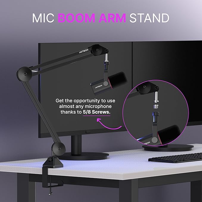 IXTECH Microphone Boom Arm Stand, Heavy Duty Adjustable Mic Stand with Cable Ties, Desk Mount Arm Stand for Gaming Streaming Podcasting.