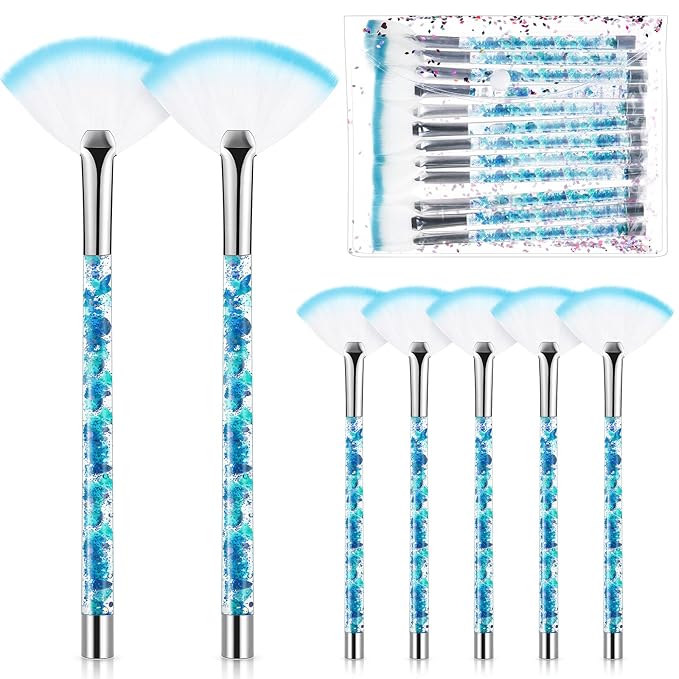 12 Pcs Fan Brushes for Facial Mask Brushes with Glitter Quicksand Handle Cosmetic Facial Fan Brush Soft Facial Mask Brush Applicator Facial Peel Applicator Face Mask Tools with Pouch (Blue)