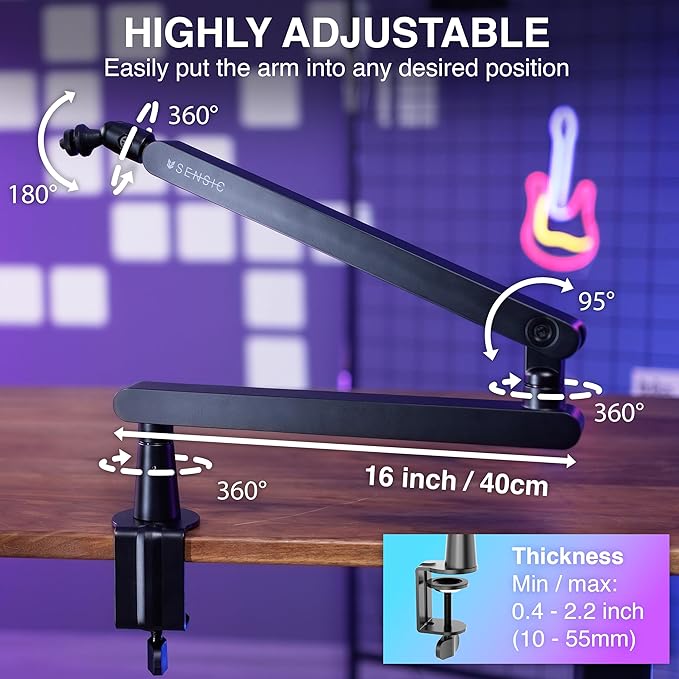 Sensic SA-30 LP Low Profile Microphone Boom Arm, 360° Rotatable Mic Stand, Low Profile Microphone arm for streaming with Cable Management, Professional Mic Arm, Mic Boom Arm Black