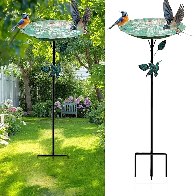 Bird Bath for Outside, Metal Birdbath Freestanding Bird Bath & Birdfeeder with 3-Pronged Base, Using for Outdoors Garden Patio Yard, Green