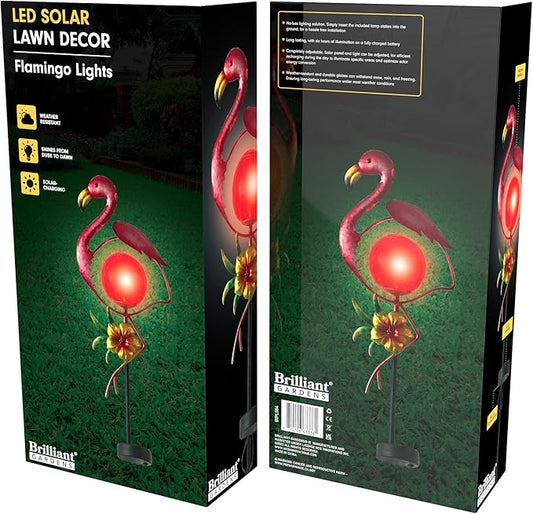 Brilliant Gardens LED Solar Lawn Decor, Metal Flamingo & Base with Crackle Glass Globe, Durable Metal Yard Decoration, Eco-Friendly Garden Light, Gift for Garden Lovers, Solar Lawn Ornament.