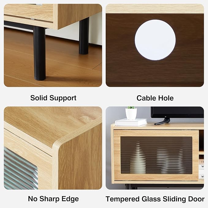 TV Stand, Modern TV Stand Up to 70 Inch TV, Entertainment Centre with Glass Sliding Door and Adjustable Shelves, TV Console Table for Living Room and Bedroom (Natural)