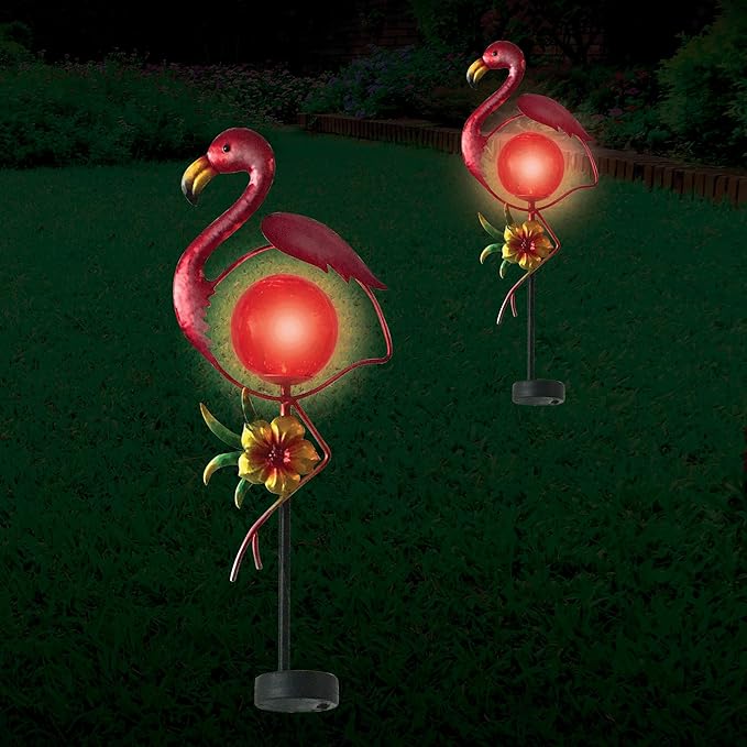 Brilliant Gardens LED Solar Lawn Decor, Metal Flamingo & Base with Crackle Glass Globe, Durable Metal Yard Decoration, Eco-Friendly Garden Light, Gift for Garden Lovers, Solar Lawn Ornament.