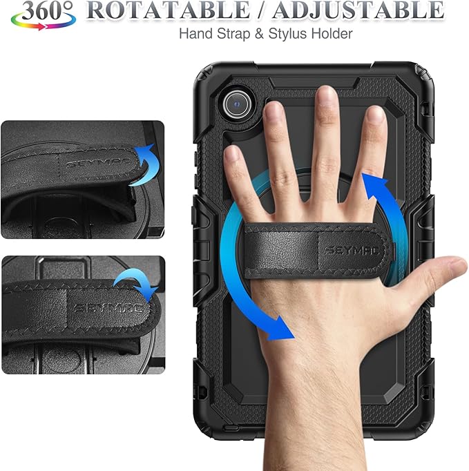 SEYMAC stock Tablet Case for Lenovo Tab One (TB305FU) 8.7 inch Drop-Proof Protection Cover with 360° Rotate Stand & Strap [Pen Holder] & Screen Protector/K9 2025, Black