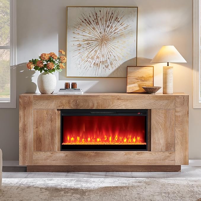 OKD Modern 70" Fireplace TV Stand with 36" Electric Fireplace, Entertainment Center for TVs Up to 80", Media Console with Side Cabinets, Thick Wood Design for Living Room, Light Knotty Oak