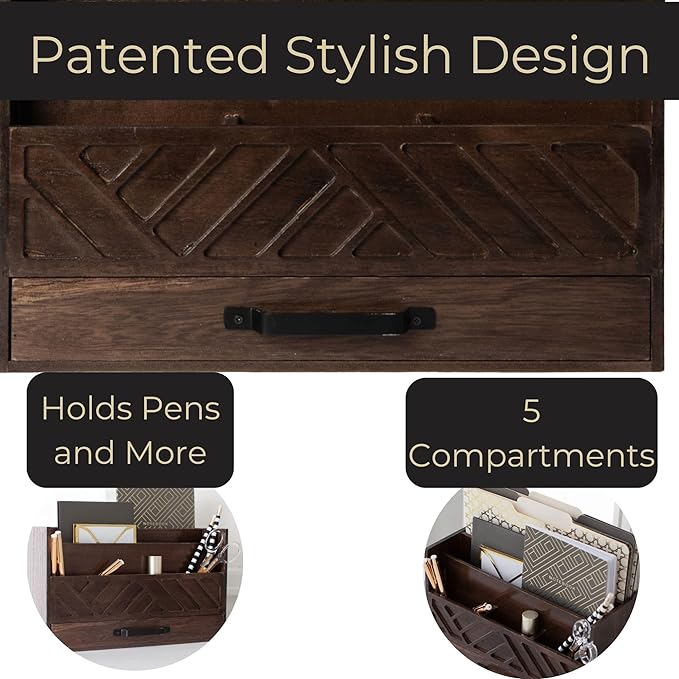 BLU MONACO Mail Organizer for Desk – Brown Wooden Mail Sorter with Drawer and 6 Compartments – Rustic Letter Organizer with Black Handle – Desktop File Holder for Home Office, Entryway, or Kitchen