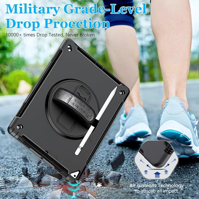 Case for iPad Pro 12.9 2nd Generation 2017 & 2015 1st Generation, Heavy Duty Rugged TPU Protective Cover with Screen Protector- Stand + Handle Hand & Shoulder Strap + Pencil Holder- Black