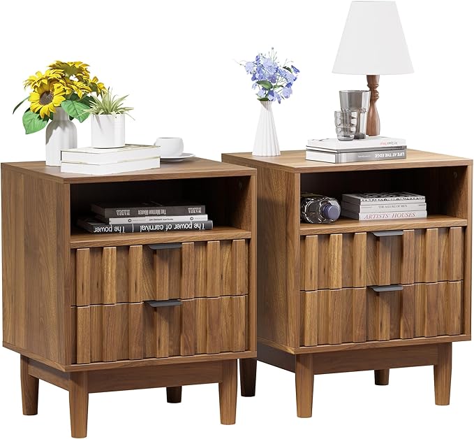 Fluted Nightstand Set of 2 with 2 Drawers, 19" Wide Night Stand with Solid Wood Legs, Open Storage Shelf, Mid Century Modern Wooden Bedside Table for Bedroom, Bed End Side Table, Walnut
