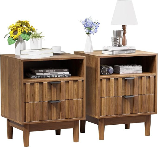 Fluted Nightstand Set of 2 with 2 Drawers, 19" Wide Night Stand with Solid Wood Legs, Open Storage Shelf, Mid Century Modern Wooden Bedside Table for Bedroom, Bed End Side Table, Walnut