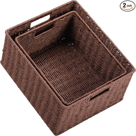 HOONEX Large Woven Storage Baskets, Paper Rope With Sturdy Metal Wire Frame, for Shelves, Set of 2, Dark Brown