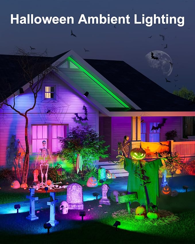 6 Pack Color Changing Solar Powered Outdoor Spot Lights for Halloween Decorations, Skeletons, Tombstones, Ghost, Outside Landscape Waterproof 24 LEDs Spotlights for House Yard Tree, Garden, Statues