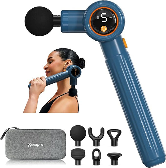 NAPRE Massage Gun with Extension Handle and 3 Adjustable Angles,Deep Tissue Back Massage for Neck/Shoulders/Waist/Legs/Body Pain Relief,Handheld Percussion Muscle Massager with Portable Case,Blue
