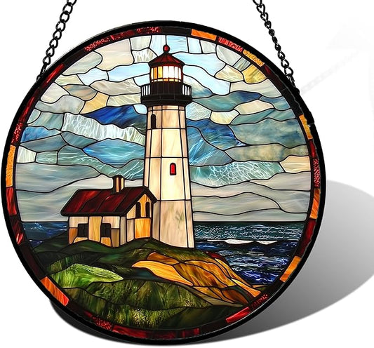 Stained Glass Window Hanging, Ocean Lighthouse Sun Catchers Glass Panel Blue Green Suncatcher Decor for Birthday for Women, Men, Wife, Aunt, and Mom 9.8 in