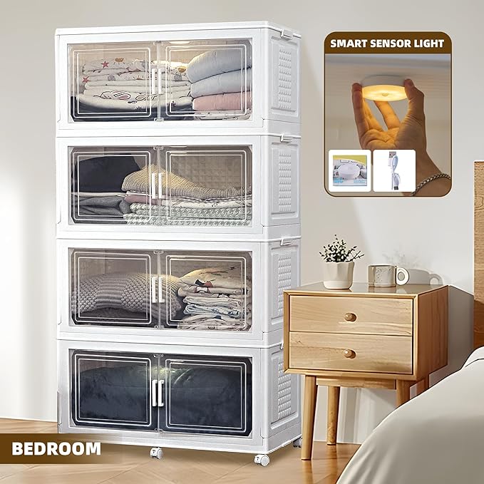 752QT/188Gal 4 Stackable Storage Bins with Lid and 8 doors, Motion Sensor Lights in Cabinets, Large Collapsible Container Box with 6 Wheels, Plastic Foldable Organizer for Home - Pure White