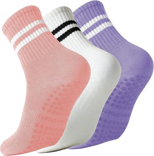 Pilates Socks with Grips for Women Grippy Non Slip Crew Socks for Yoga Barre Hospital Striped 3 Pairs