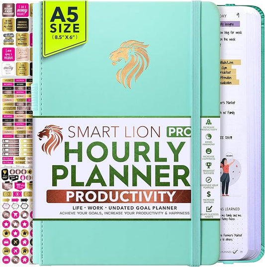 Hourly Planner - Undated Daily, Weekly & Monthly Planner with Budget Section | A 12 Month Journey to Increase Productivity & Happiness | Life Organizer & Gratitude Journal - Horizontal Format