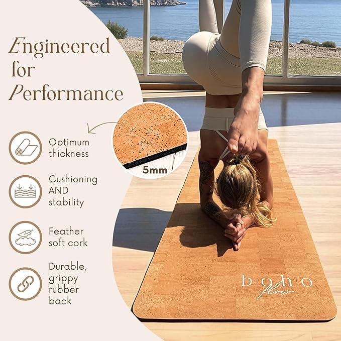 Deluxe Cork Yoga Mat Large 72"x26" - Revolutionary Cork Surface & 5mm Thick Natural Rubber Backing for Durability & Comfort - Stylish Handmade Boho Yoga Bag - Eco Friendly & Plastic Free