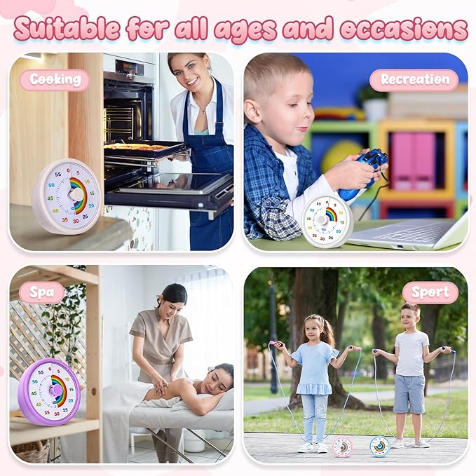 4 Pcs 60 Minute Visual Timer Colored Countdown Clock Time Management Tools with Silent Operation for Home School Supplies Study Office (Rainbow,Purple,Blue,Pink,White)