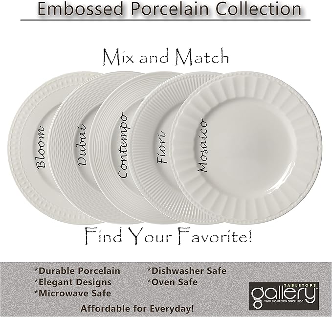 TTU Tabletops Gallery Embossed Bone White Porcelain Round Dinnerware Collection- Chip Resistant Scratch Resistant, Mosaico 16 Piece Dinnerware Set (Dinner Plate, Salad Plate, Cereal Bowl, Mug)
