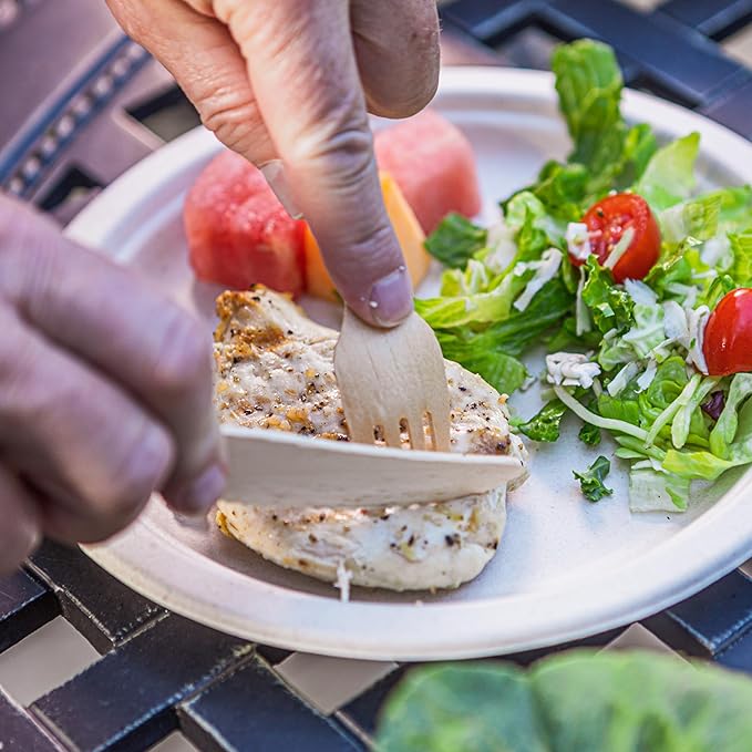 Disposable Wooden Cutlery Set - 100% Home Compostable - 50 Wrapped Sets Dispenser (Fork, Knife, Spoon & Napkin), 6.5", Bamboo Utensils Alternative, Eco-Friendly, Carbon Neutral Certified
