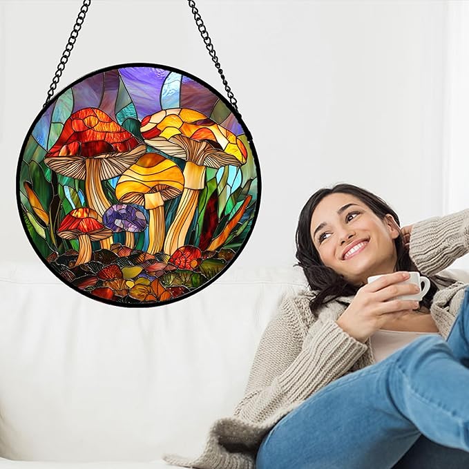 Stained Glass Window Hanging, Jungle Mushrooms Sun Catchers Diamond Glass Panel Hangings Plant Suncatcher Decor for Birthday for Women, Men, Wife, Aunt, and Mom 14.9x14.9 in