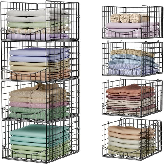 4-Tier Stackable Closet Organizers and Storage Shelves, Clothes Storage Basket, Clothes Shelf Organizer Sweater Organizer Bins Container for Wardrobe Kitchen Bathroom Office, Black