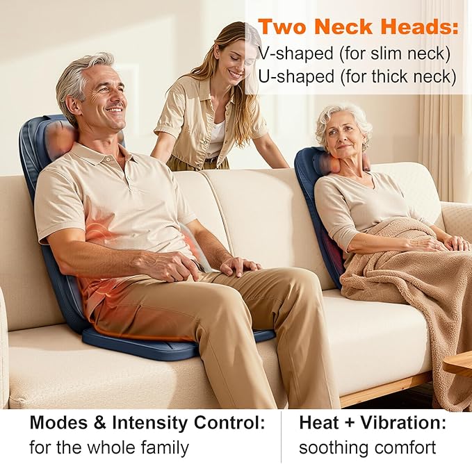 4D Shiatsu Neck Back Massage Cushion w/Heat for Pain Relief - Kneading Back Massager w/Vibration & Dual Necks Head for Relieves Muscle Stiffness from Long Sitting for Office Home Use, Blue