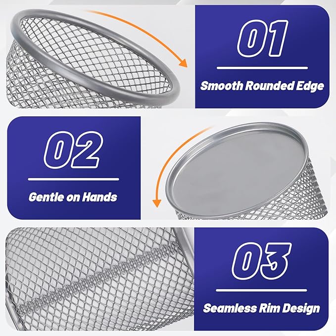 Segarty Pen Holder for Desk, 3 Pack Round Silver Pen Holder, Wire Mesh Pencil Cup Holder Containers Set, Desktop Organizer for Office Supplies, School Classroom, Home, Makeup Brush
