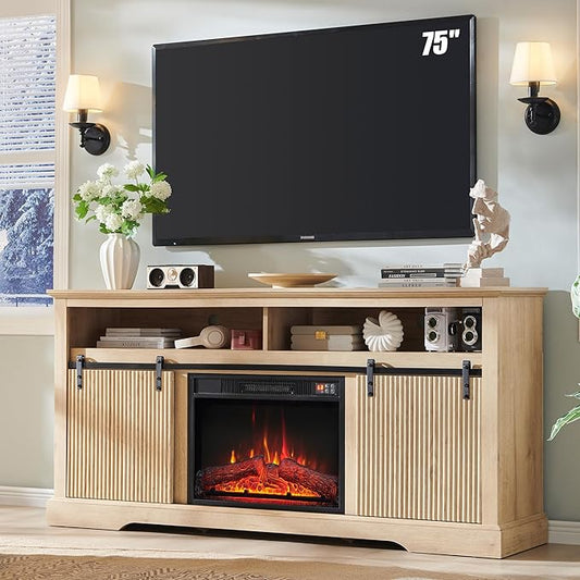 Fluted Fireplace TV Stand for TVs Up to 75 Inch, Modern Entertainment Center with Waveform Panel Sliding Door & Adjustable Shelves, Media Console for Living Room (Natural)