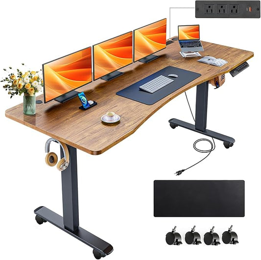 farexon Electric Standing Desk Adjustable Height,63x24 Inches Stand Up Desk, Ergonomically Curved Desktop with Outlet, Lockable Casters,27.''-46'' Lifting Range Home Office Computer Desk（Brwon