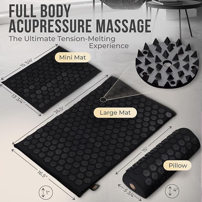 Acupressure Mat and Pillow Set with Extra Mini Accupressure Massage Pad - Acupuncture Mat Full Body - Accupoint Pad with Pressure Point for Back Pain (Black)
