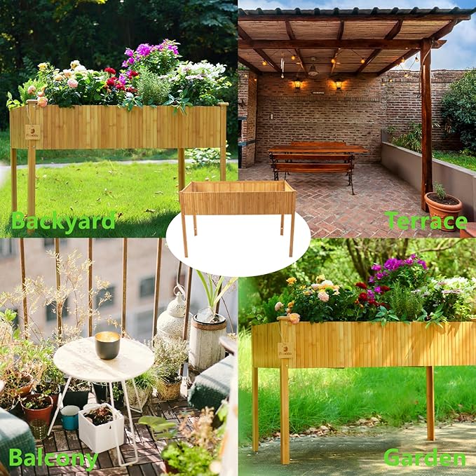 Bamboo Raised Garden Beds Outdoor, Raised Garden Bed with Legs, Elevated Bamboo Planter Box, Standing Growing Bed for Growing Fresh Herbs, Vegetables, Succulents, Flowers (48x25x30 Inch)