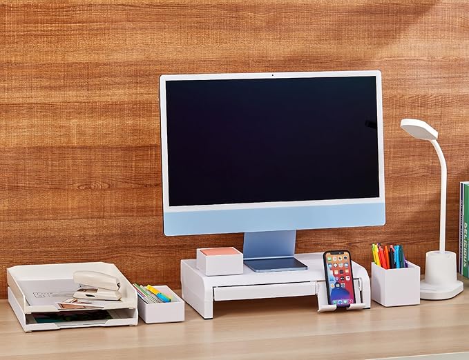 Bostitch Konnect Adjustable Monitor Riser with Drawer & Cell Phone Holder, Laptop Stand for Desk, 4 Height Levels, Cable Management & Rubber Feet