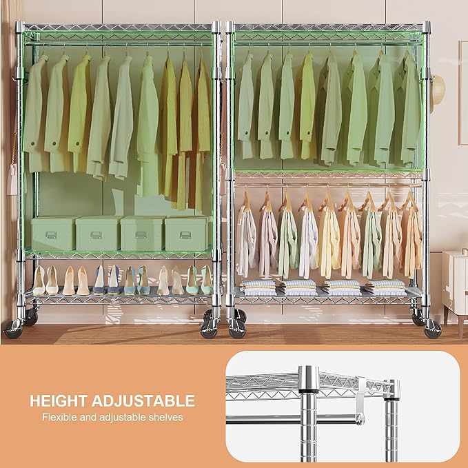 Heavy Duty Rolling Garment Rack 3 Tiers Adjustable Wire Shelving Clothes Rack with 2 Rods and Side Hooks, Storage Closet Clothing Rack with Wheels Chrome 17.7" D x 47.2" W x 83.6" H