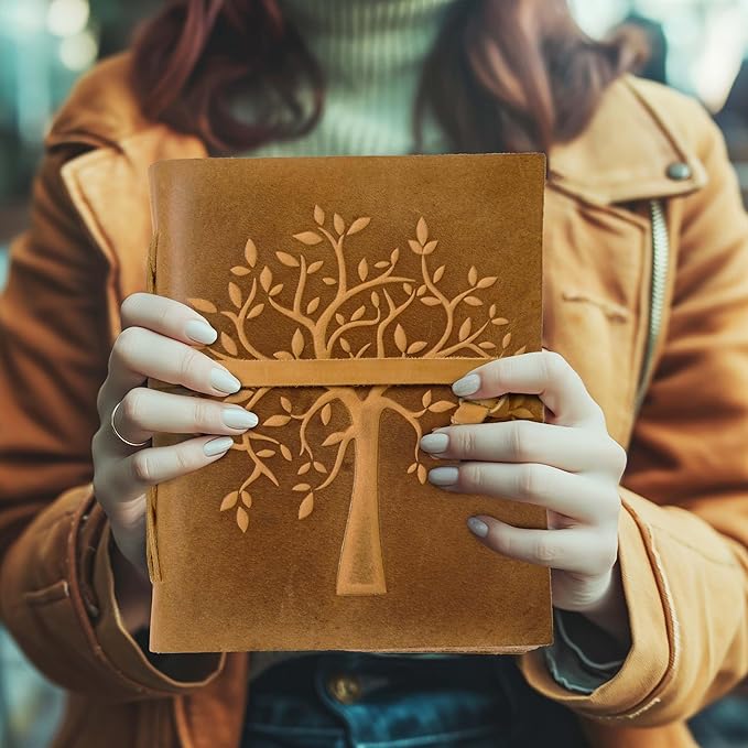 LEATHER VILLAGE Tree of Life Journal - 6 X 4 (A6) inches - Sun Tan - 200 Antique Deckle Edge Handmade Paper – Book of Shadows - Vintage Leather Bound Journal for Women & Men
